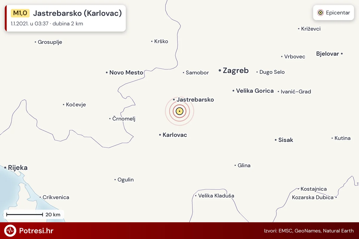 Karta: šire područje i vjerojatni doseg osjeta, potres M1,0, Jastrebarsko (Karlovac), 1.1.2021.