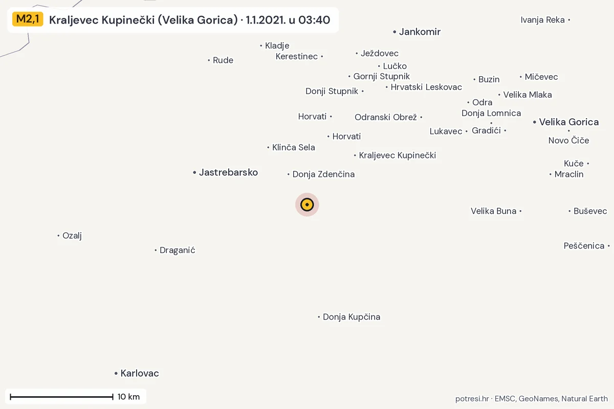 Karta: okolica epicentra, 60 km, potres M2,1, Kraljevec Kupinečki (Velika Gorica), 1.1.2021.