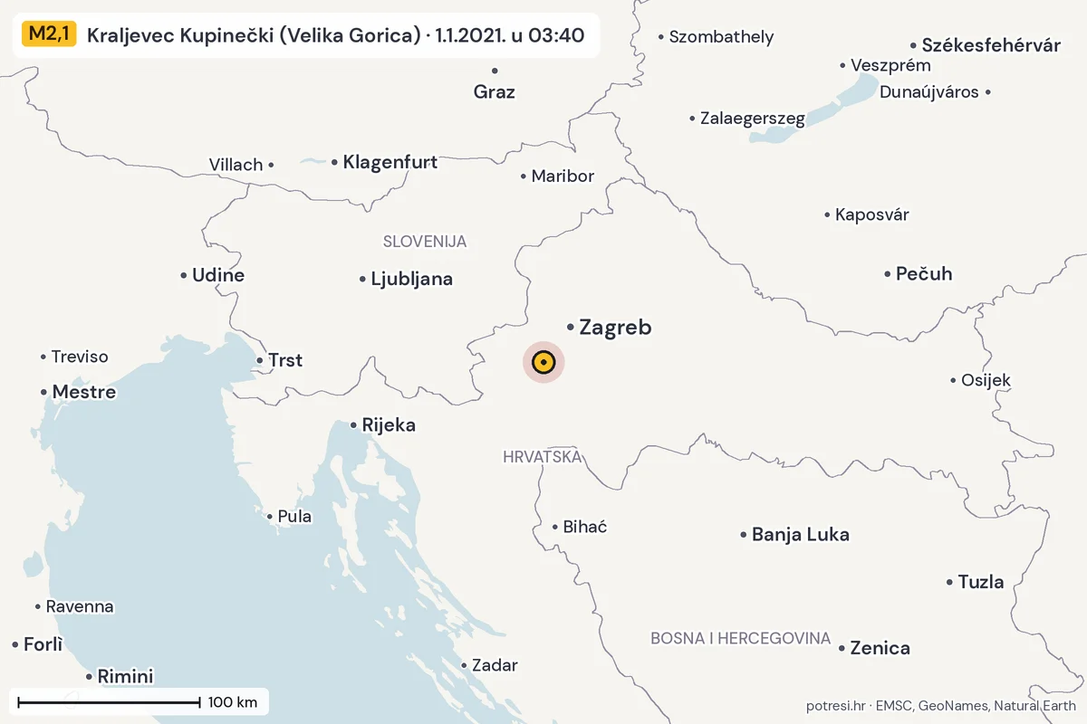 Karta: šire područje, 600 km, potres M2,1, Kraljevec Kupinečki (Velika Gorica), 1.1.2021.