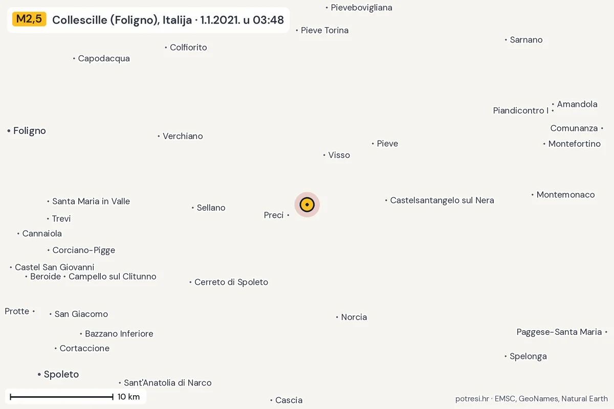 Karta: okolica epicentra, 60 km, potres M2,5, Collescille (Foligno), Italija, 1.1.2021.