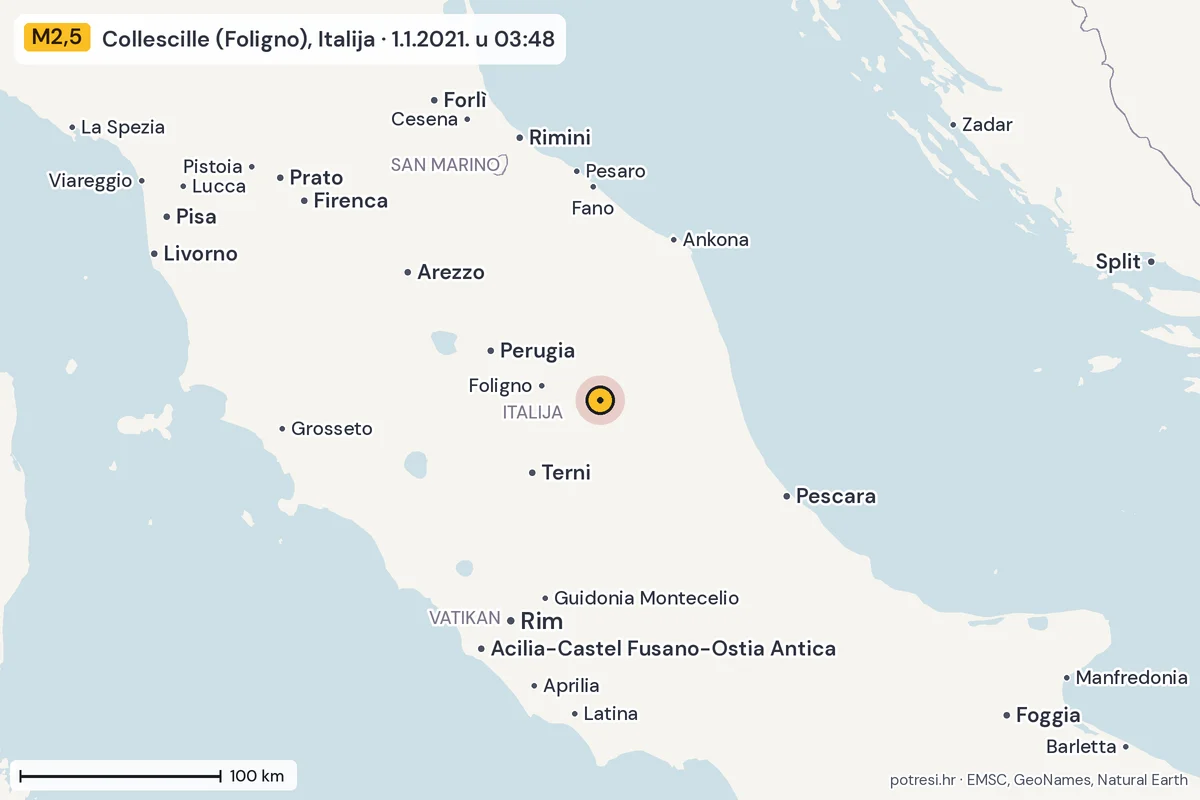 Karta: šire područje, 600 km, potres M2,5, Collescille (Foligno), Italija, 1.1.2021.