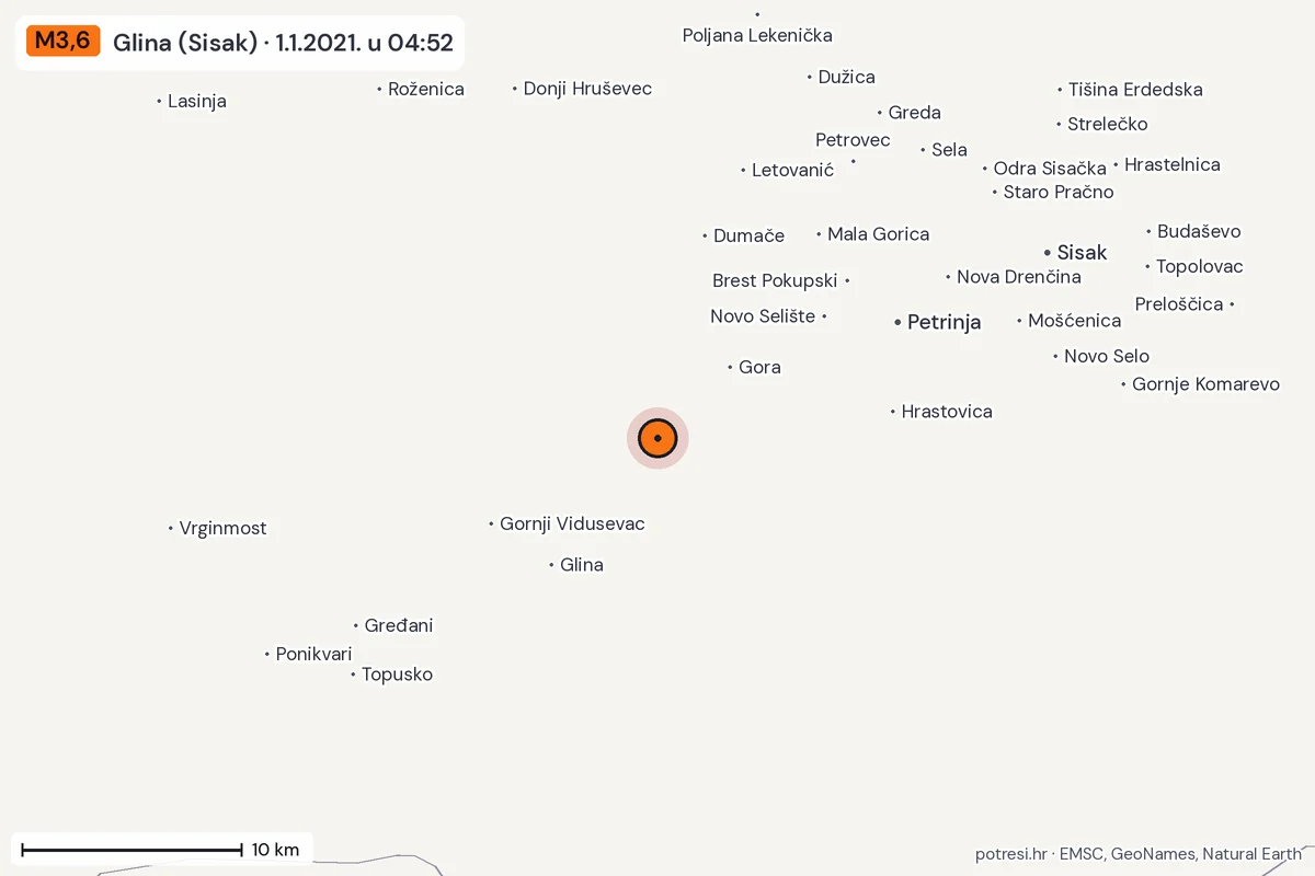 Karta: okolica epicentra, 60 km, potres M3,6, Glina (Sisak), 1.1.2021.