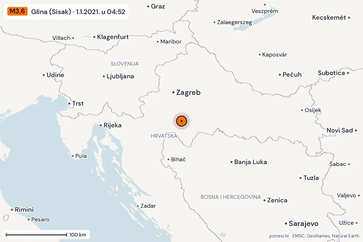 Karta: šire područje, 600 km, potres M3,6, Glina (Sisak), 1.1.2021.