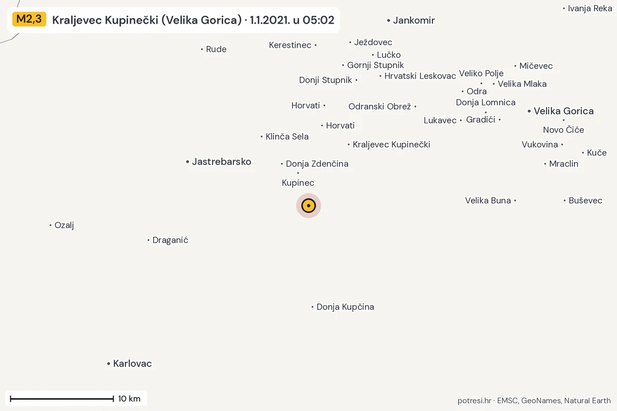 Karta: okolica epicentra, 60 km, potres M2,3, Kraljevec Kupinečki (Velika Gorica), 1.1.2021.