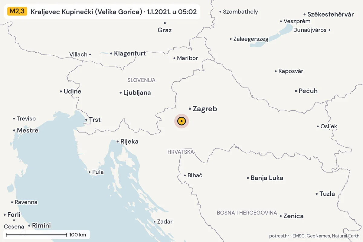 Karta: šire područje, 600 km, potres M2,3, Kraljevec Kupinečki (Velika Gorica), 1.1.2021.