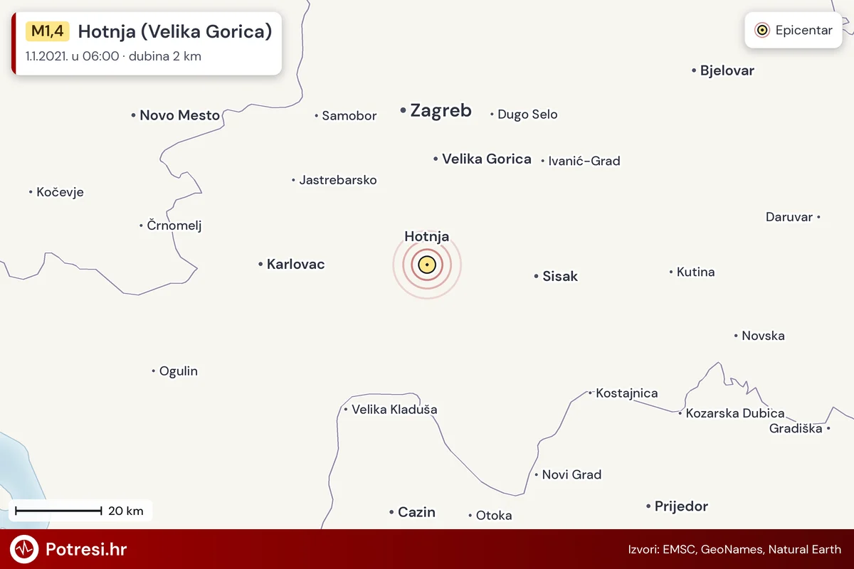 Karta: šire područje i vjerojatni doseg osjeta, potres M1,4, Hotnja (Velika Gorica), 1.1.2021.