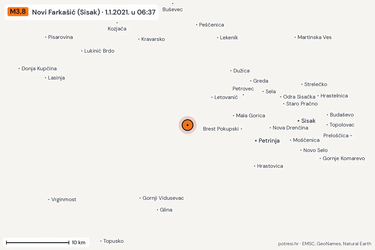 Karta: okolica epicentra, 60 km, potres M3,8, Novi Farkašić (Sisak), 1.1.2021.