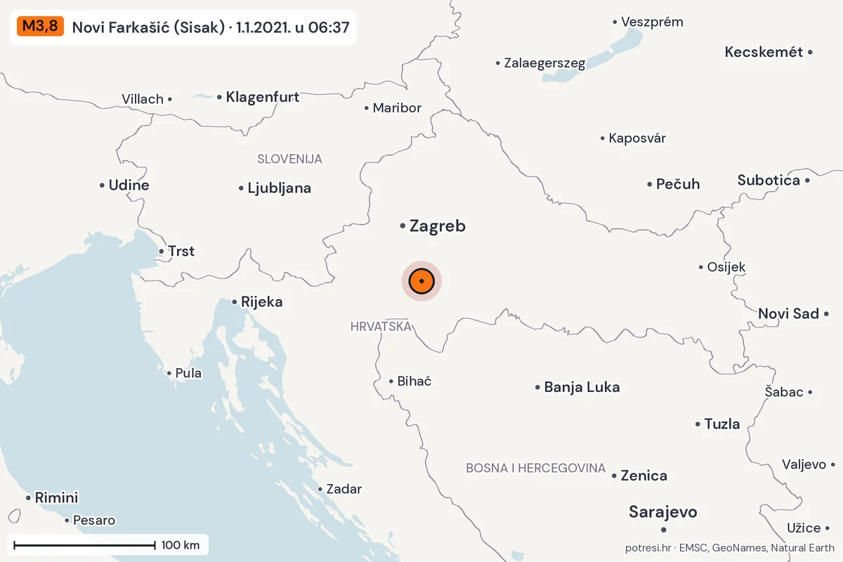 Karta: šire područje, 600 km, potres M3,8, Novi Farkašić (Sisak), 1.1.2021.