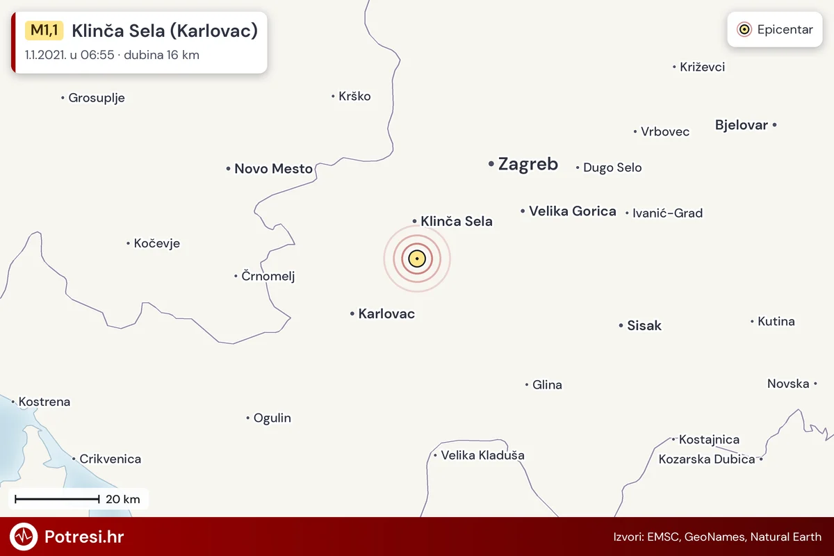 Karta: šire područje i vjerojatni doseg osjeta, potres M1,1, Klinča Sela (Karlovac), 1.1.2021.