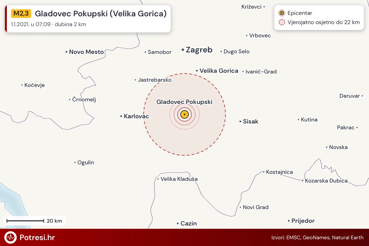 Karta: šire područje i vjerojatni doseg osjeta, potres M2,3, Gladovec Pokupski (Velika Gorica), 1.1.2021.