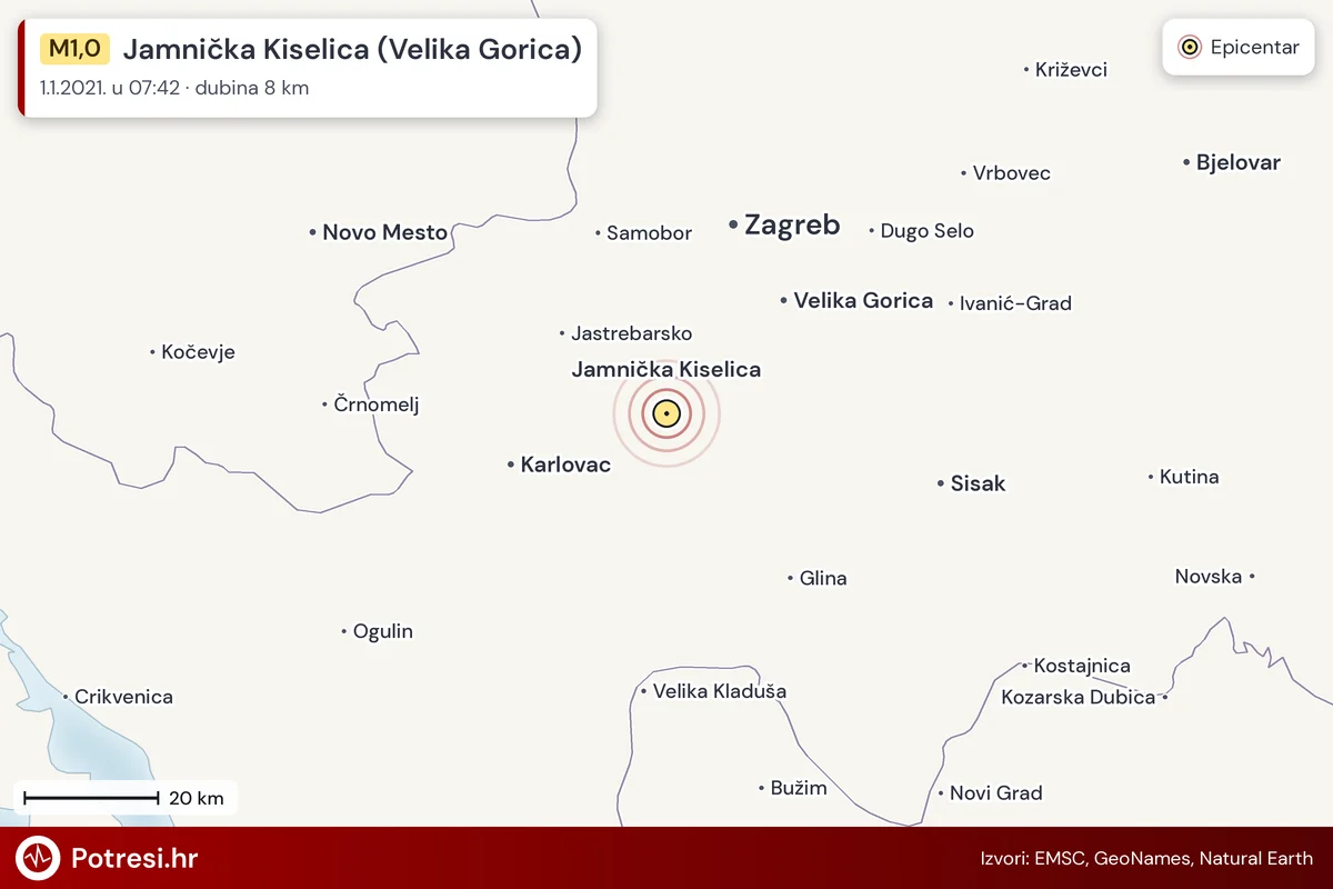 Karta: šire područje i vjerojatni doseg osjeta, potres M1,0, Jamnička Kiselica (Velika Gorica), 1.1.2021.