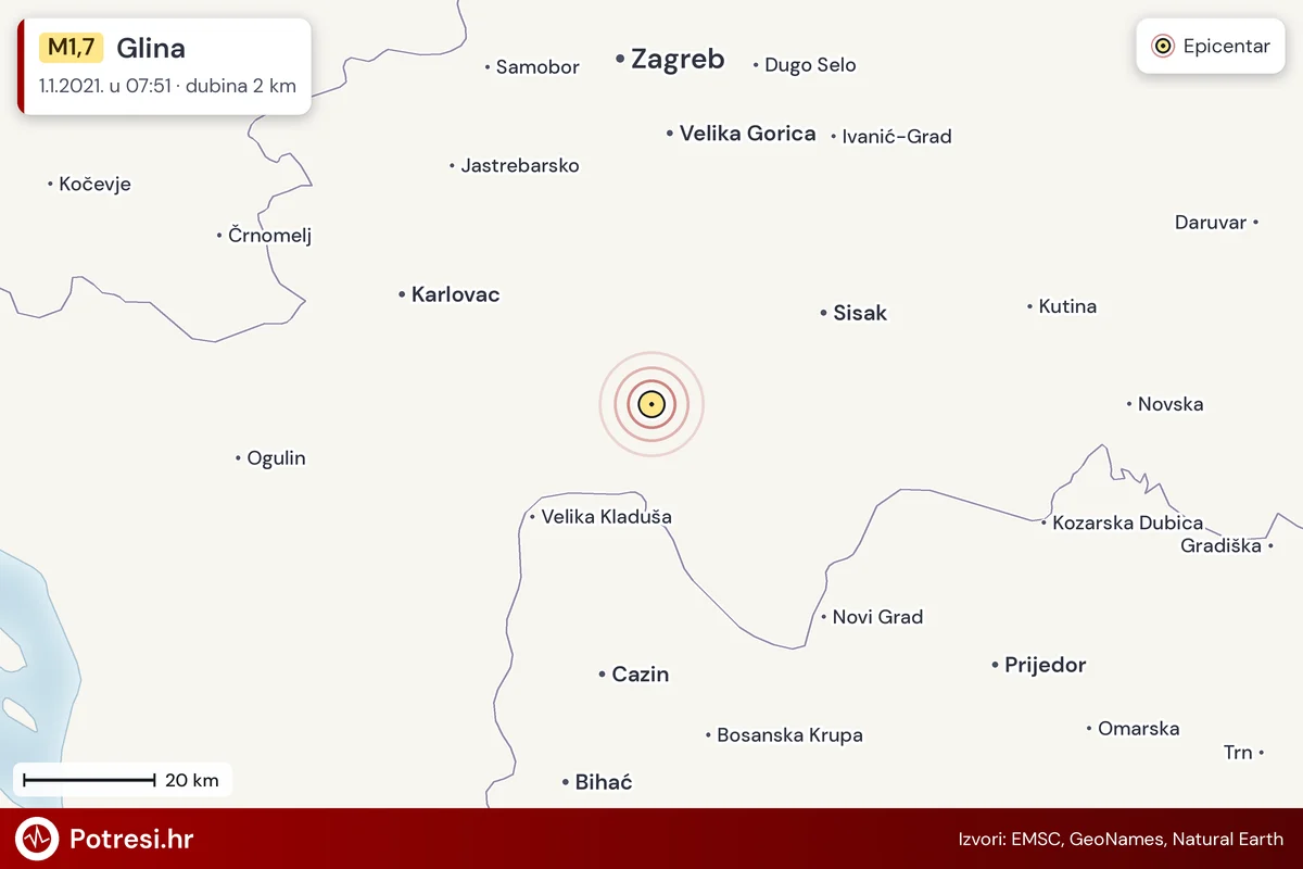 Karta: šire područje i vjerojatni doseg osjeta, potres M1,7, Glina, 1.1.2021.