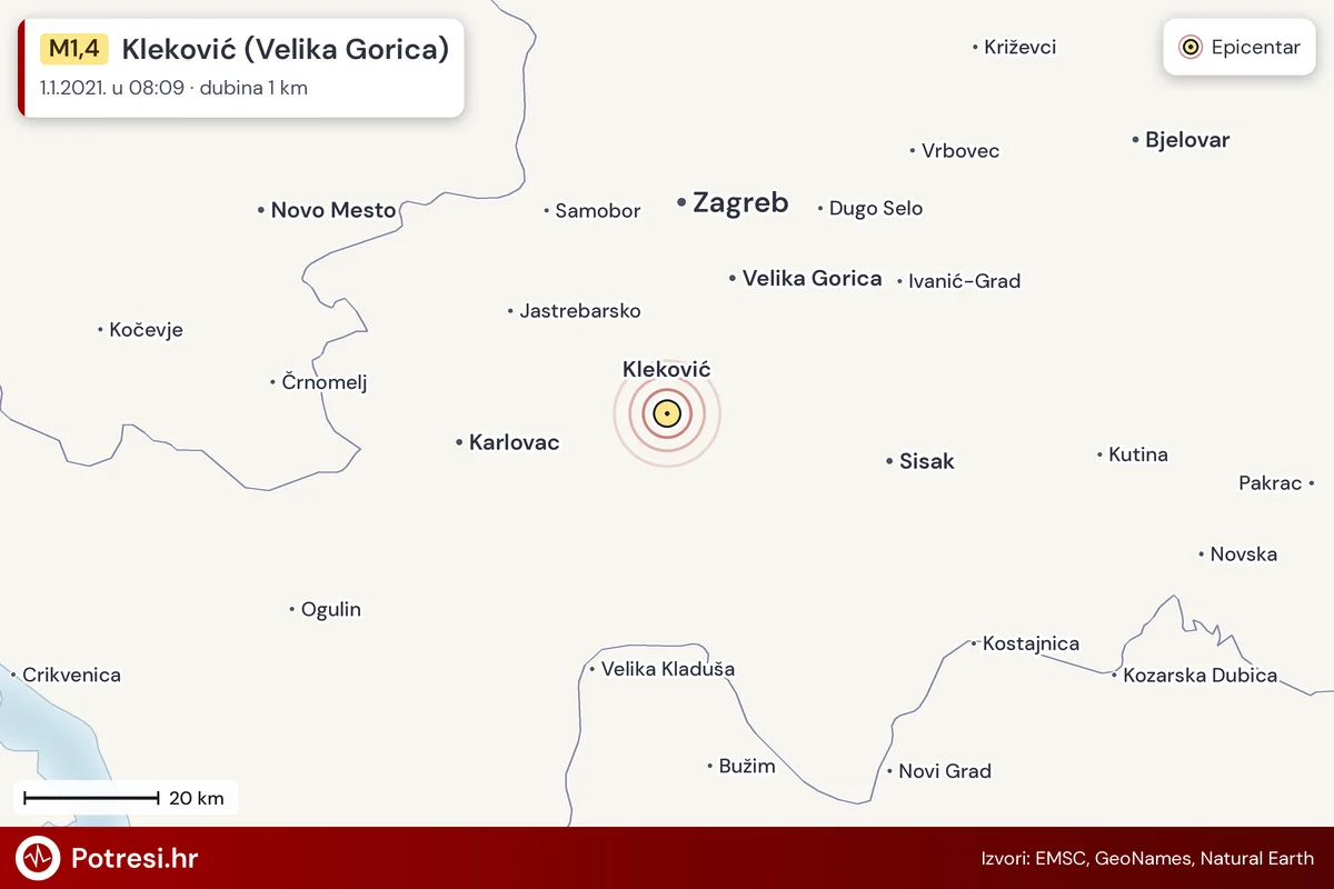 Karta: šire područje i vjerojatni doseg osjeta, potres M1,4, Kleković (Velika Gorica), 1.1.2021.