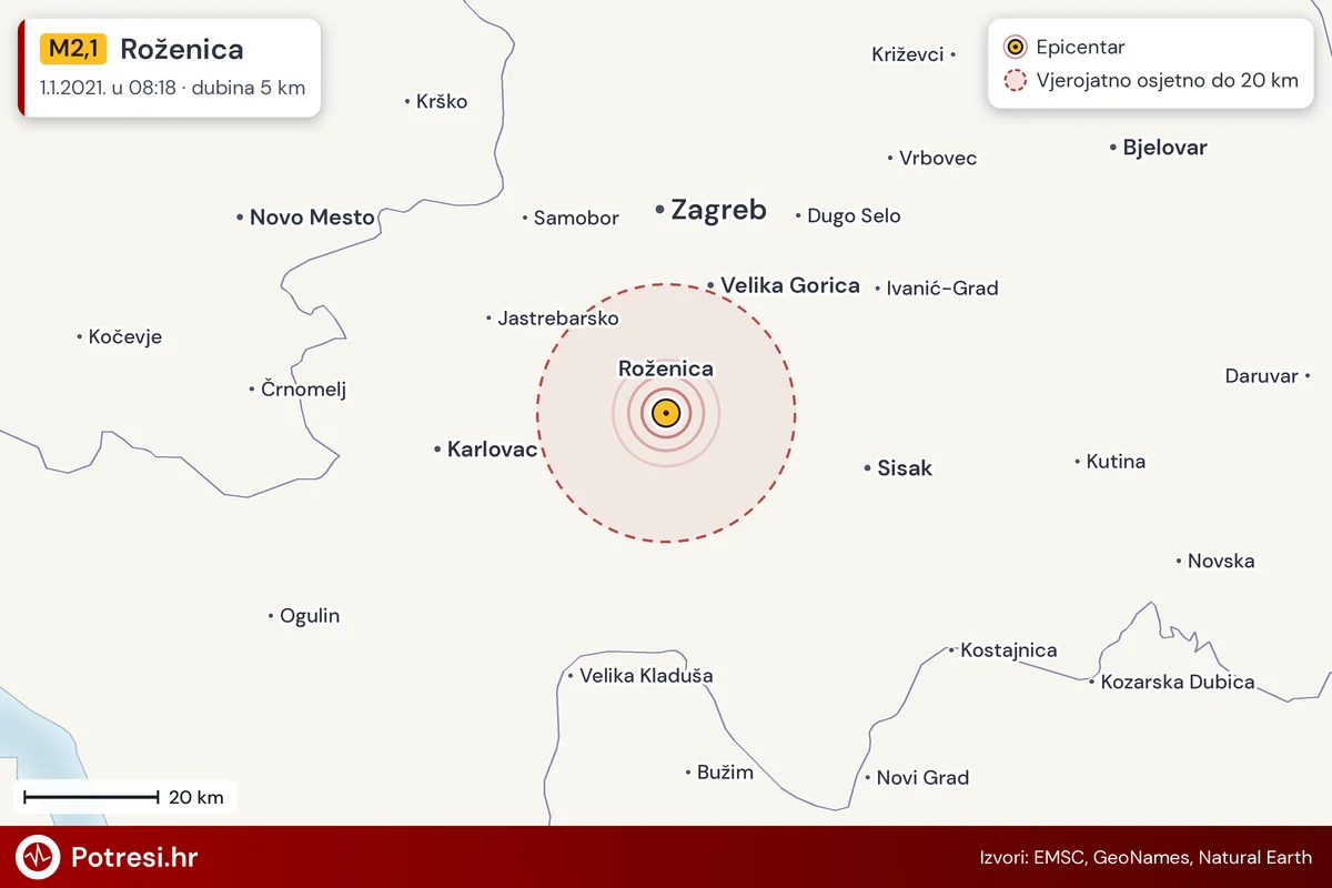 Karta: šire područje i vjerojatni doseg osjeta, potres M2,1, Roženica, 1.1.2021.