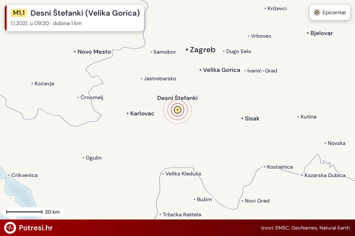 Karta: šire područje i vjerojatni doseg osjeta, potres M1,1, Desni Štefanki (Velika Gorica), 1.1.2021.
