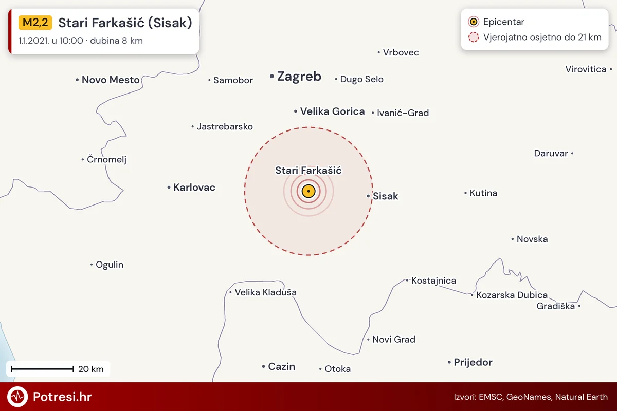 Karta: šire područje i vjerojatni doseg osjeta, potres M2,2, Stari Farkašić (Sisak), 1.1.2021.