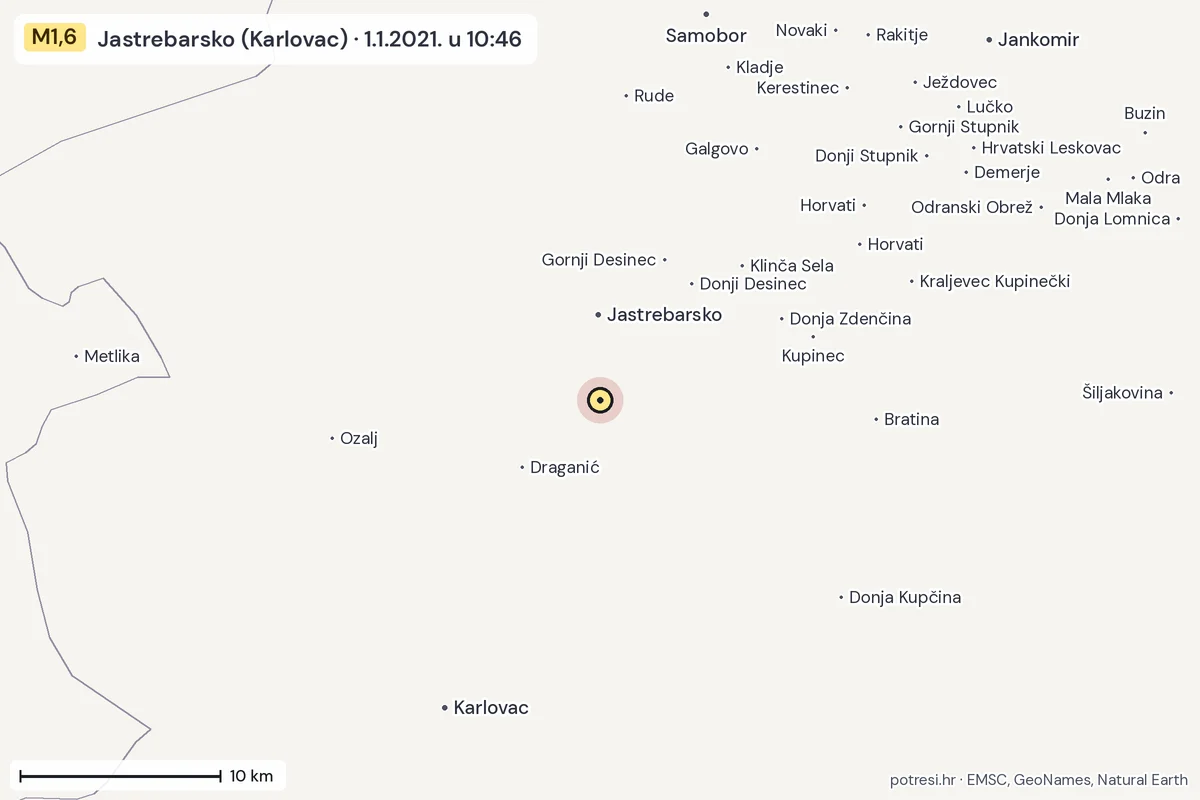 Karta: okolica epicentra, 60 km, potres M1,6, Jastrebarsko (Karlovac), 1.1.2021.