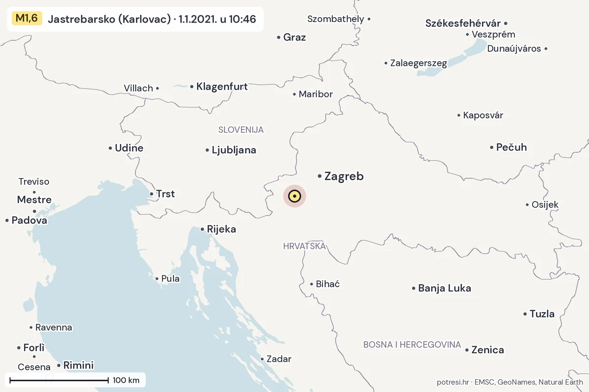 Karta: šire područje, 600 km, potres M1,6, Jastrebarsko (Karlovac), 1.1.2021.