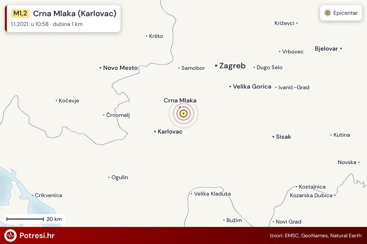 Karta: šire područje i vjerojatni doseg osjeta, potres M1,2, Crna Mlaka (Karlovac), 1.1.2021.