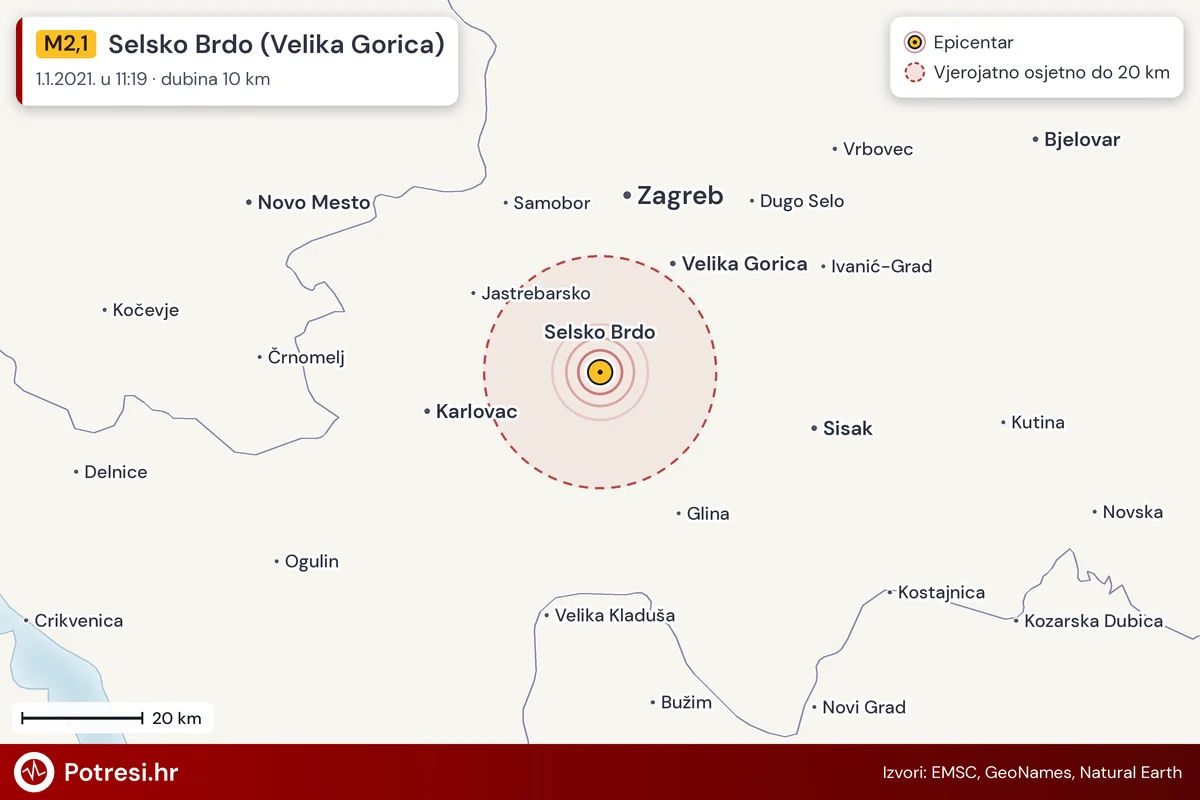Karta: šire područje i vjerojatni doseg osjeta, potres M2,1, Selsko Brdo (Velika Gorica), 1.1.2021.