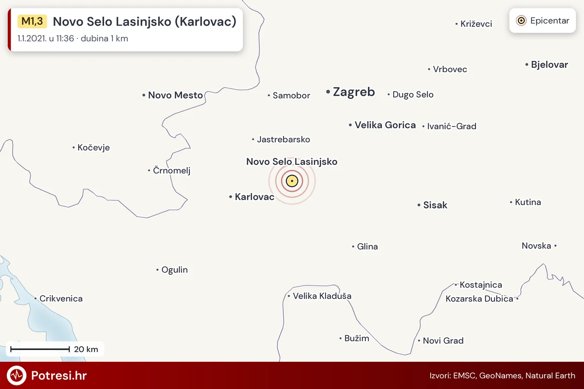 Karta: šire područje i vjerojatni doseg osjeta, potres M1,3, Novo Selo Lasinjsko (Karlovac), 1.1.2021.