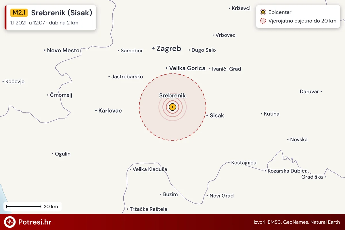 Karta: šire područje i vjerojatni doseg osjeta, potres M2,1, Srebrenik (Sisak), 1.1.2021.