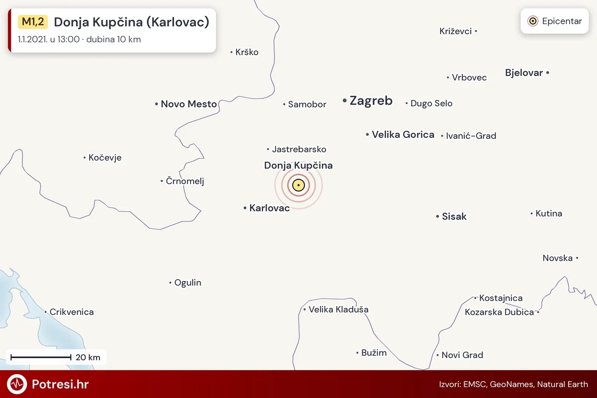 Karta: šire područje i vjerojatni doseg osjeta, potres M1,2, Donja Kupčina (Karlovac), 1.1.2021.