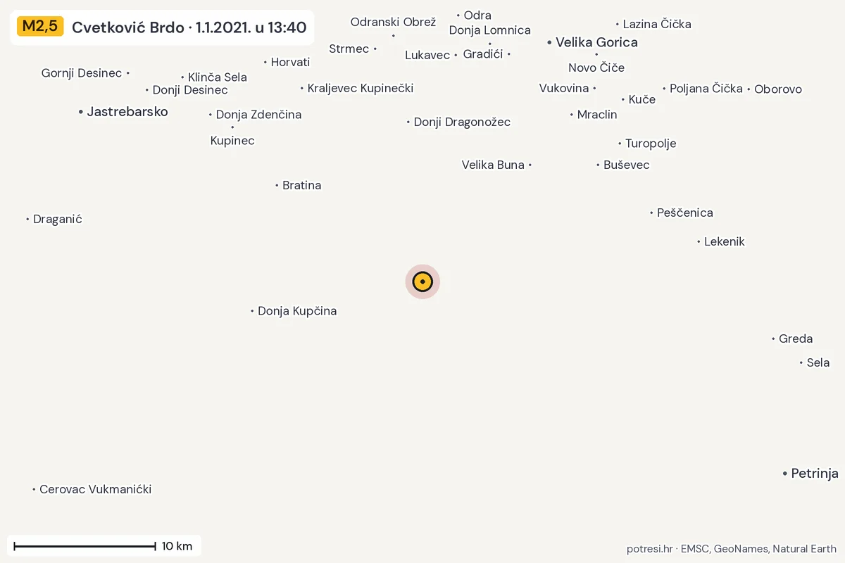 Karta: okolica epicentra, 60 km, potres M2,5, Cvetković Brdo, 1.1.2021.