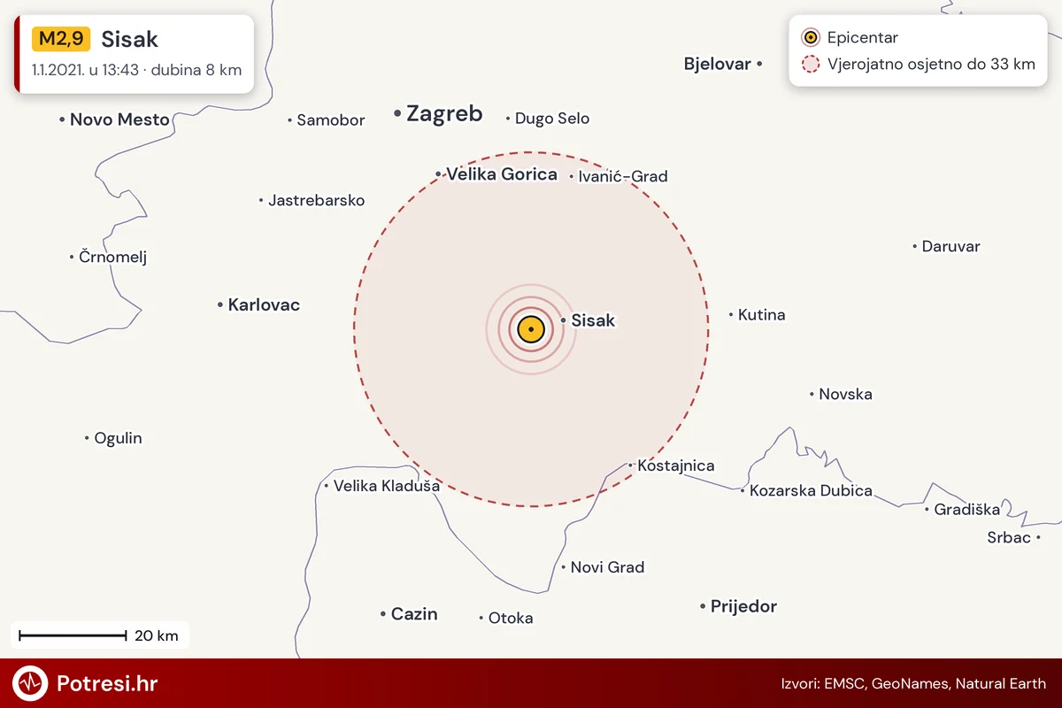 Karta: šire područje i vjerojatni doseg osjeta, potres M2,9, Sisak, 1.1.2021.