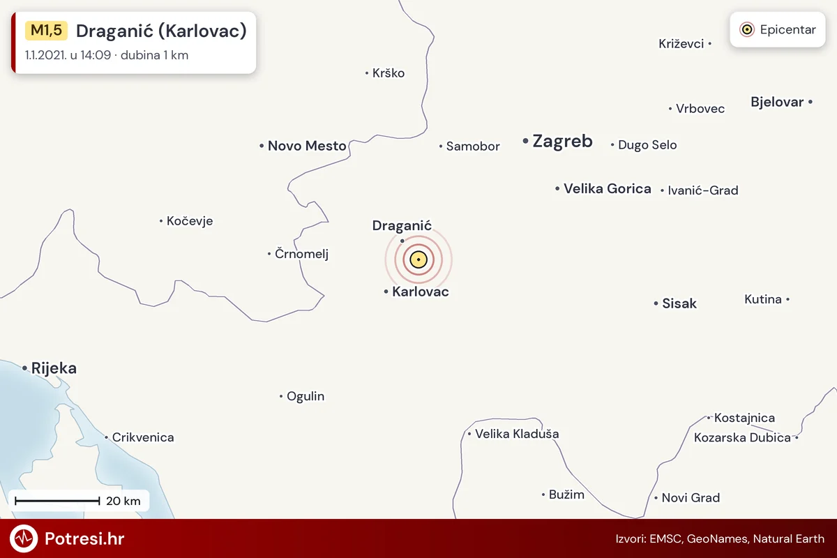 Karta: šire područje i vjerojatni doseg osjeta, potres M1,5, Draganić (Karlovac), 1.1.2021.