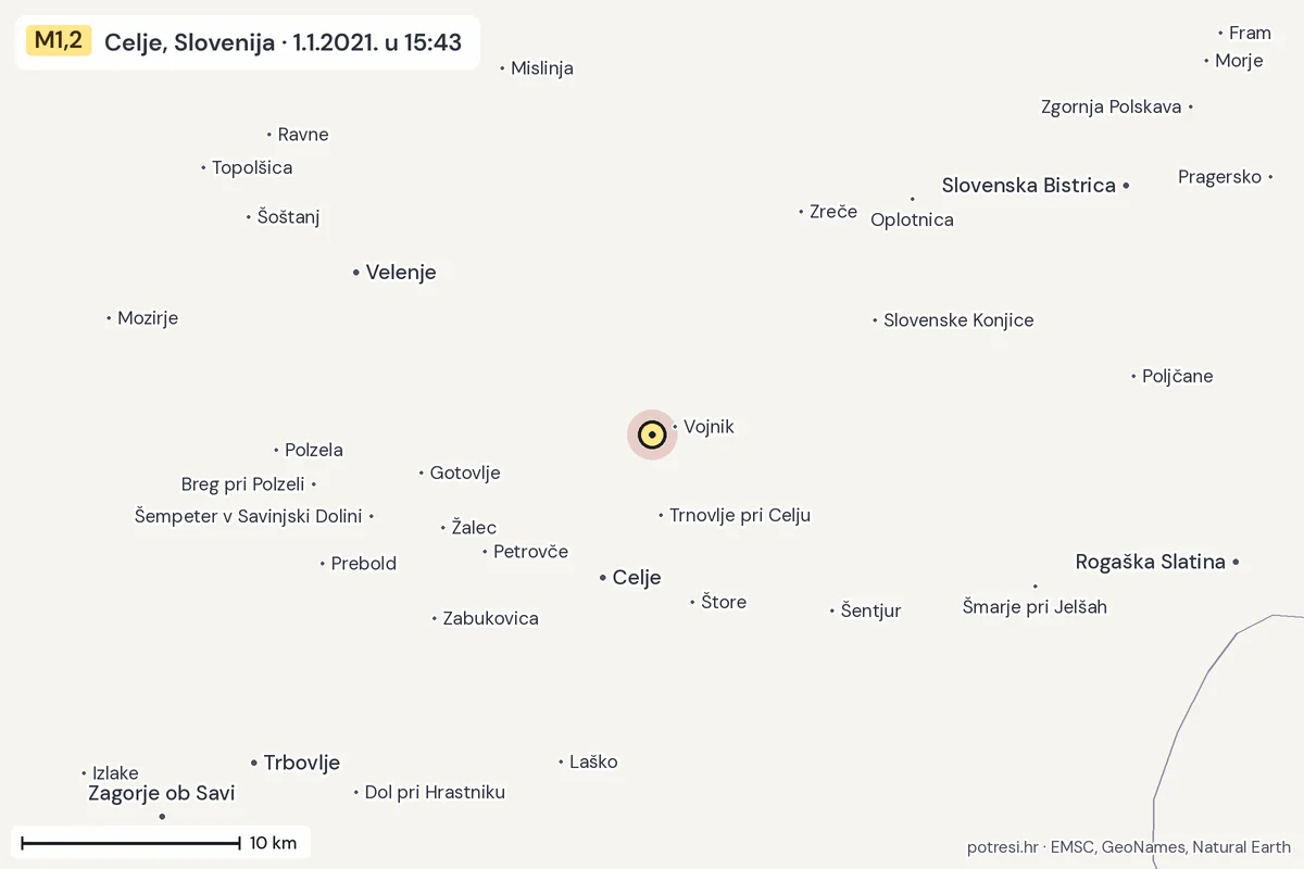 Karta: okolica epicentra, 60 km, potres M1,2, Celje, Slovenija, 1.1.2021.