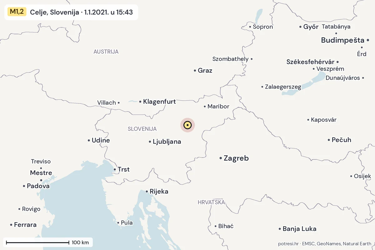 Karta: šire područje, 600 km, potres M1,2, Celje, Slovenija, 1.1.2021.