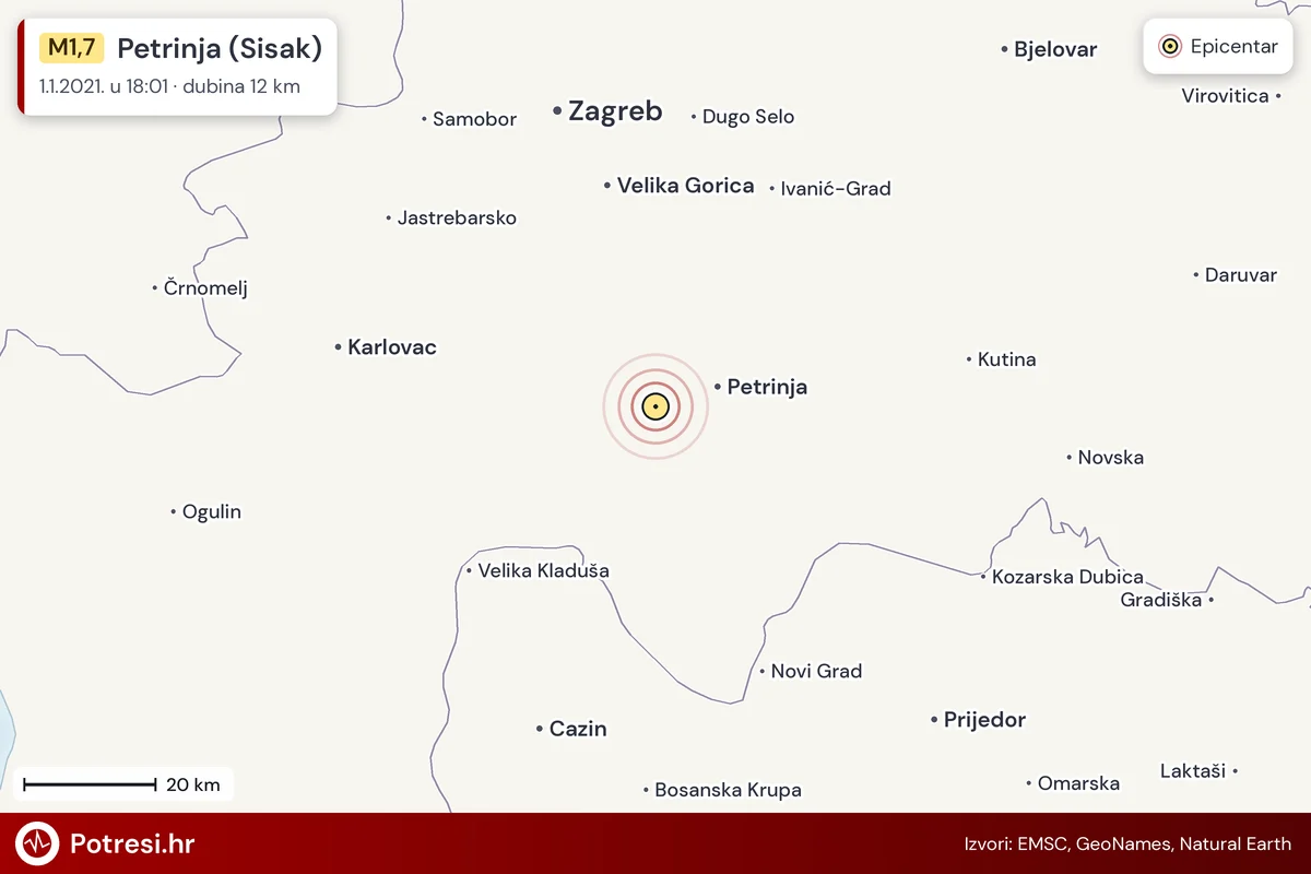 Karta: šire područje i vjerojatni doseg osjeta, potres M1,7, Petrinja (Sisak), 1.1.2021.