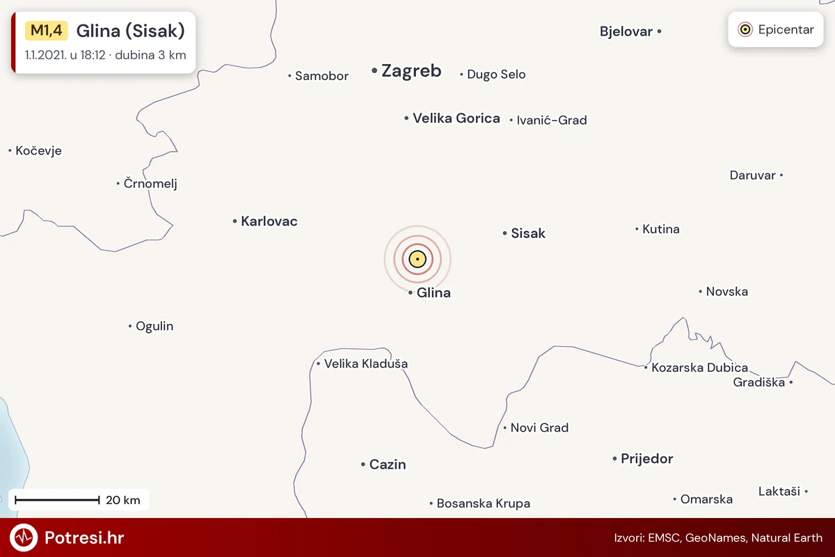 Karta: šire područje i vjerojatni doseg osjeta, potres M1,4, Glina (Sisak), 1.1.2021.