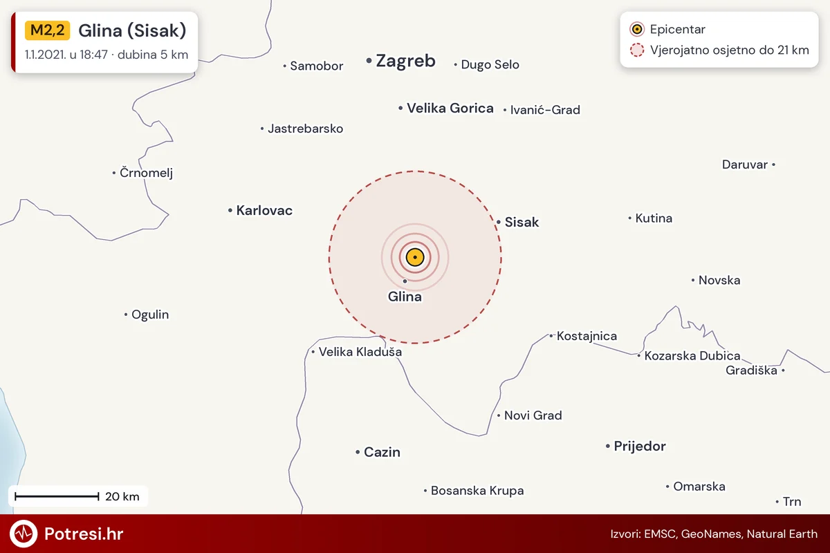 Karta: šire područje i vjerojatni doseg osjeta, potres M2,2, Glina (Sisak), 1.1.2021.