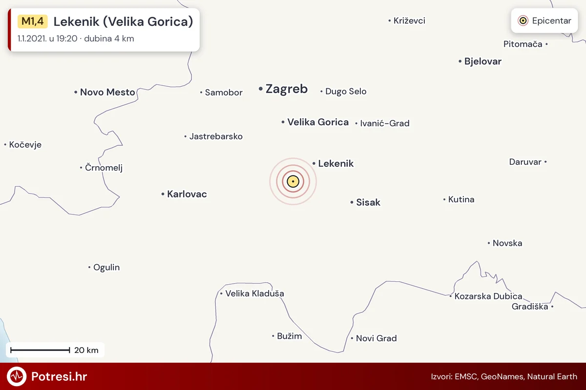 Karta: šire područje i vjerojatni doseg osjeta, potres M1,4, Lekenik (Velika Gorica), 1.1.2021.