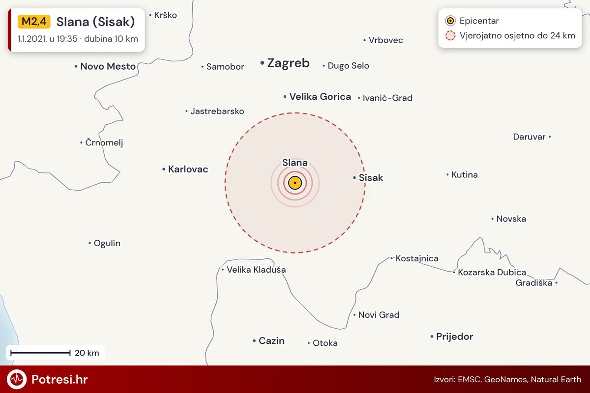 Karta: šire područje i vjerojatni doseg osjeta, potres M2,4, Slana (Sisak), 1.1.2021.
