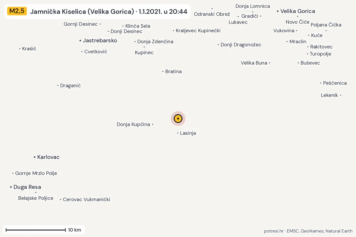 Karta: okolica epicentra, 60 km, potres M2,5, Jamnička Kiselica (Velika Gorica), 1.1.2021.