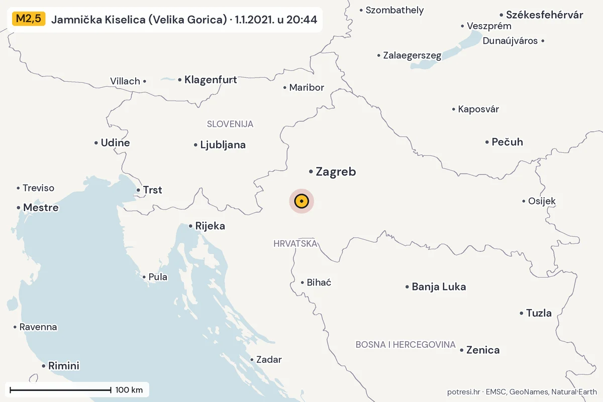 Karta: šire područje, 600 km, potres M2,5, Jamnička Kiselica (Velika Gorica), 1.1.2021.