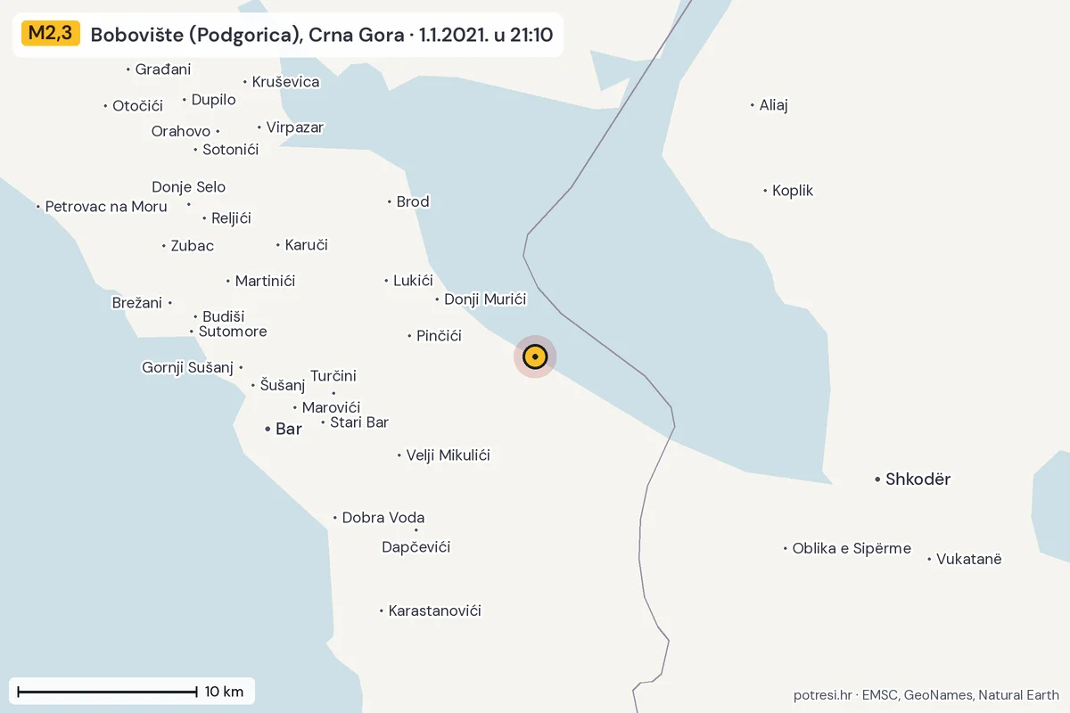 Karta: okolica epicentra, 60 km, potres M2,3, Bobovište (Podgorica), Crna Gora, 1.1.2021.