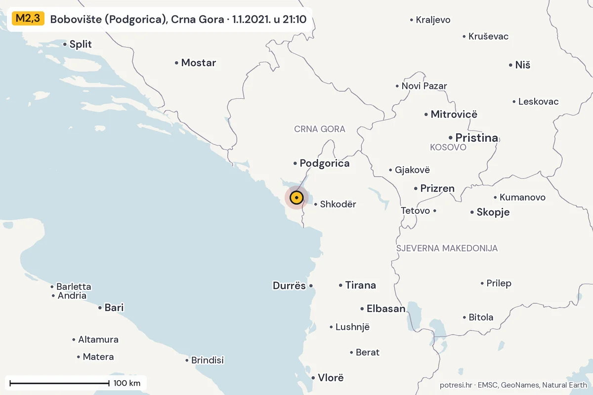 Karta: šire područje, 600 km, potres M2,3, Bobovište (Podgorica), Crna Gora, 1.1.2021.