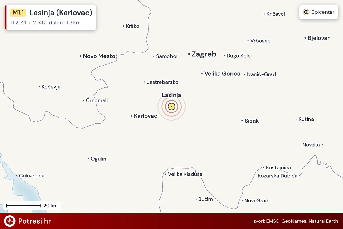 Karta: šire područje i vjerojatni doseg osjeta, potres M1,1, Lasinja (Karlovac), 1.1.2021.