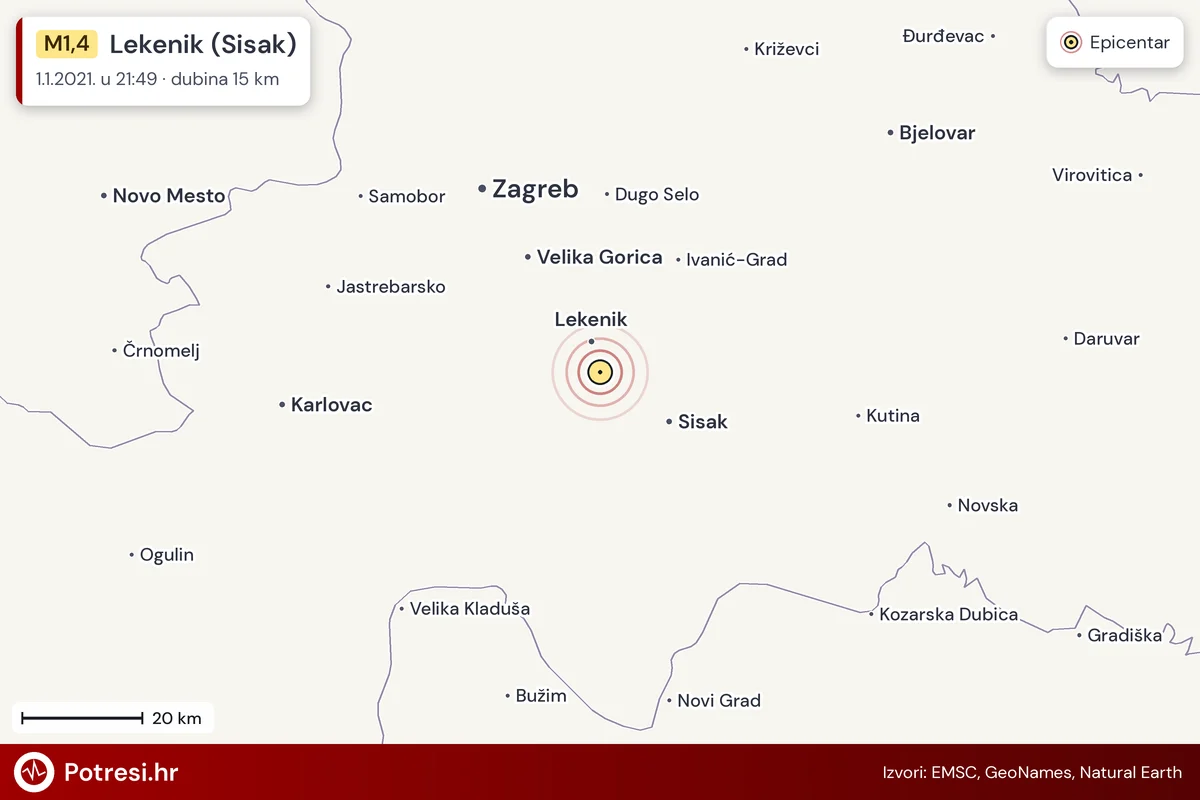 Karta: šire područje i vjerojatni doseg osjeta, potres M1,4, Lekenik (Sisak), 1.1.2021.