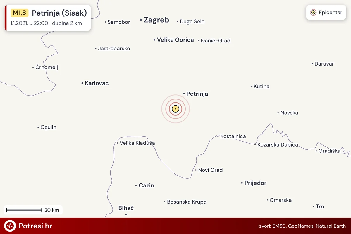 Karta: šire područje i vjerojatni doseg osjeta, potres M1,8, Petrinja (Sisak), 1.1.2021.