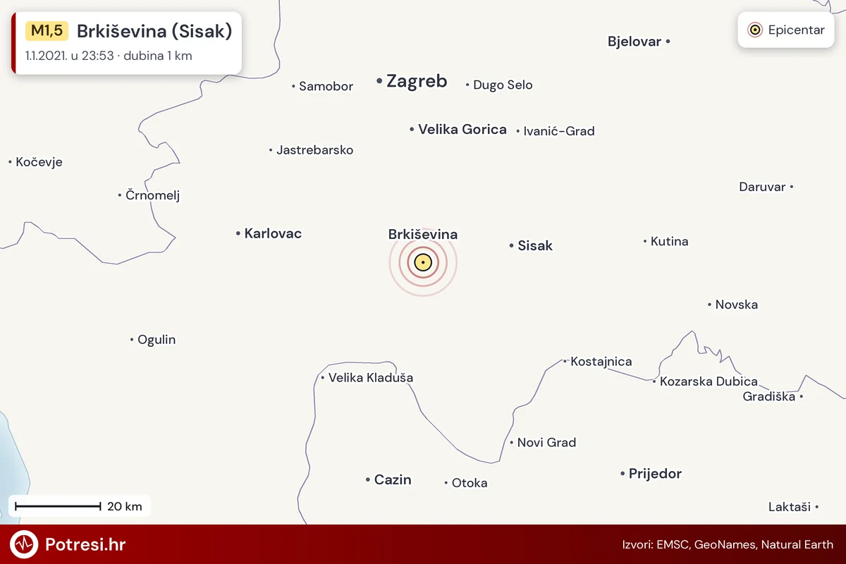 Karta: šire područje i vjerojatni doseg osjeta, potres M1,5, Brkiševina (Sisak), 1.1.2021.