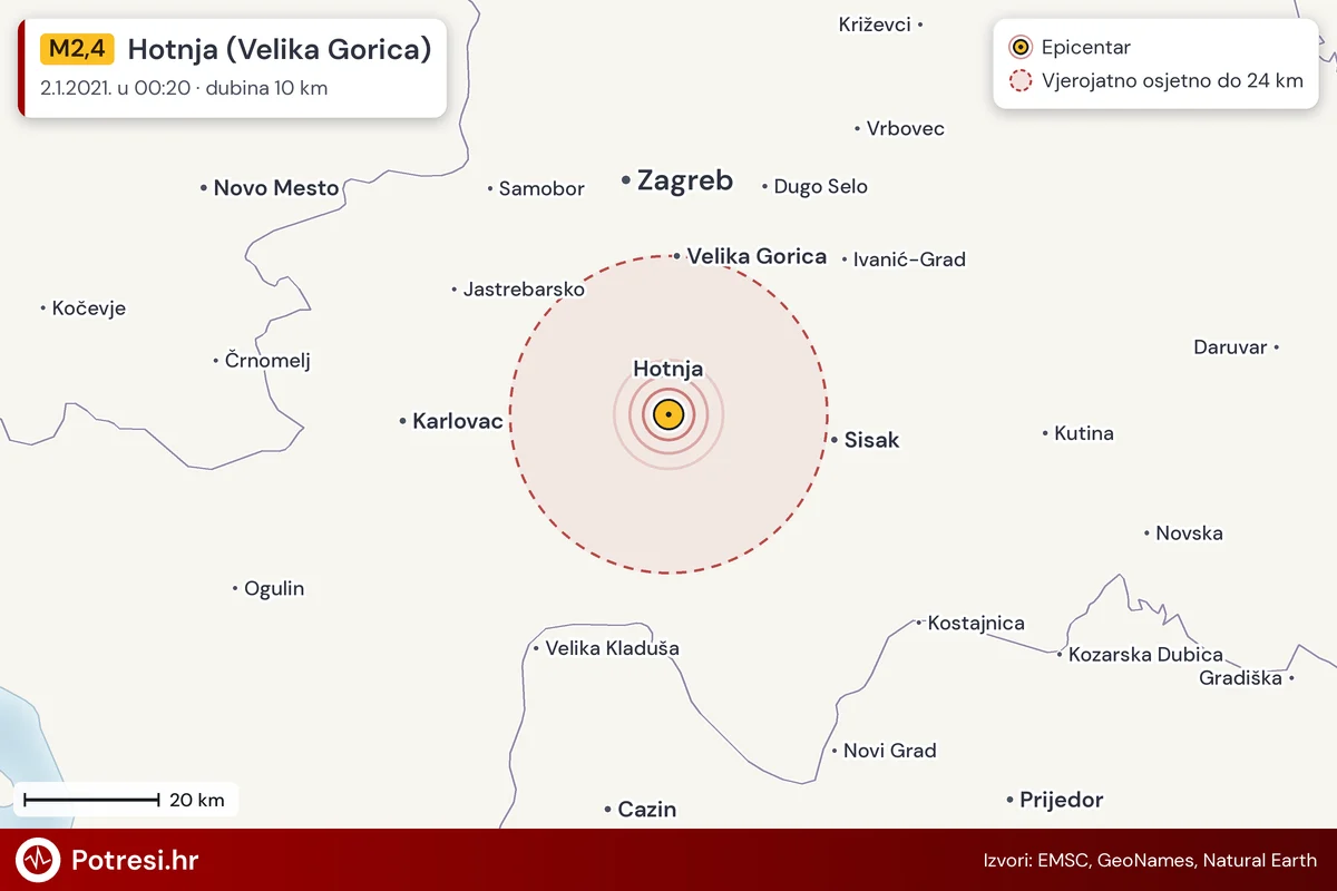 Karta: šire područje i vjerojatni doseg osjeta, potres M2,4, Hotnja (Velika Gorica), 2.1.2021.