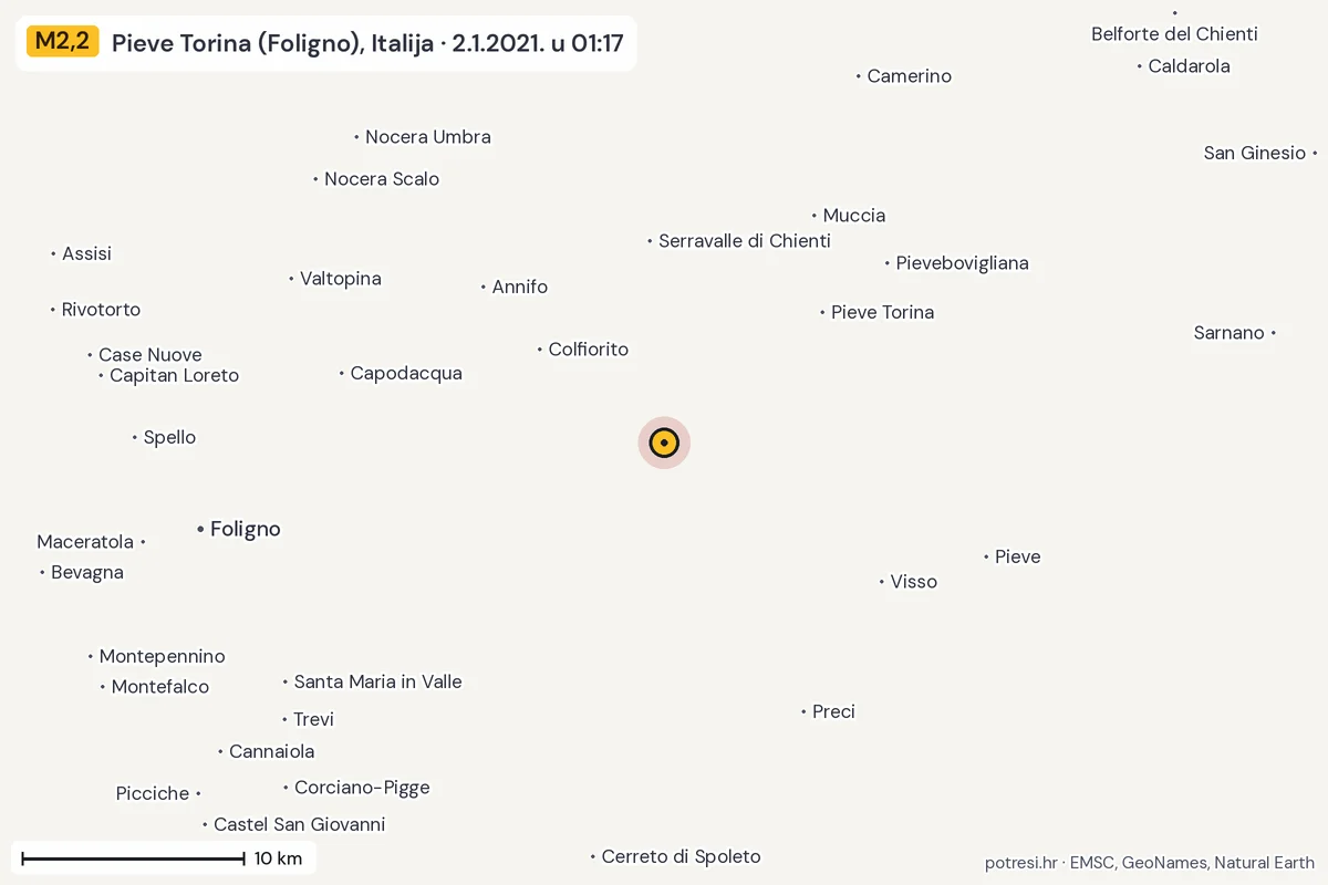 Karta: okolica epicentra, 60 km, potres M2,2, Pieve Torina (Foligno), Italija, 2.1.2021.