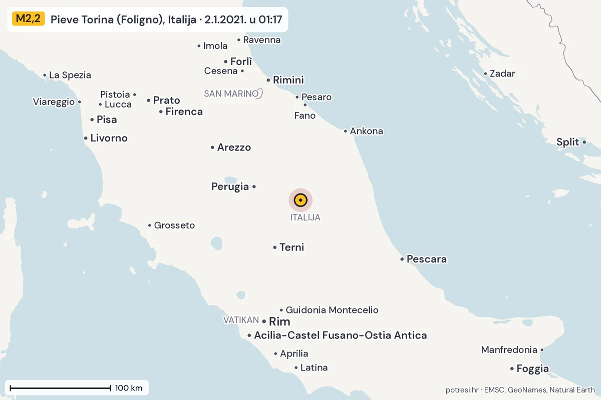 Karta: šire područje, 600 km, potres M2,2, Pieve Torina (Foligno), Italija, 2.1.2021.