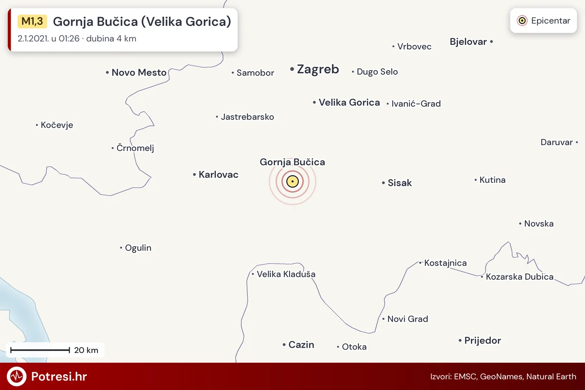 Karta: šire područje i vjerojatni doseg osjeta, potres M1,3, Gornja Bučica (Velika Gorica), 2.1.2021.