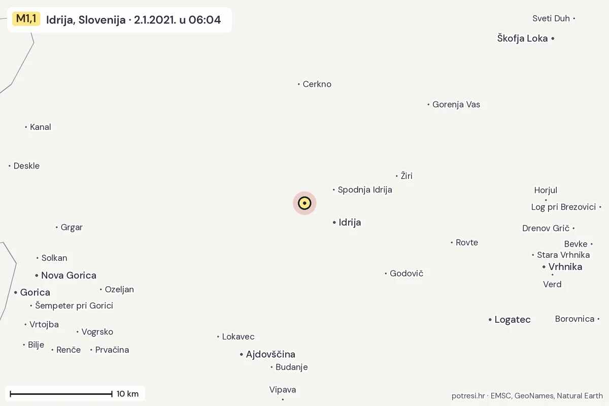 Karta: okolica epicentra, 60 km, potres M1,1, Idrija, Slovenija, 2.1.2021.